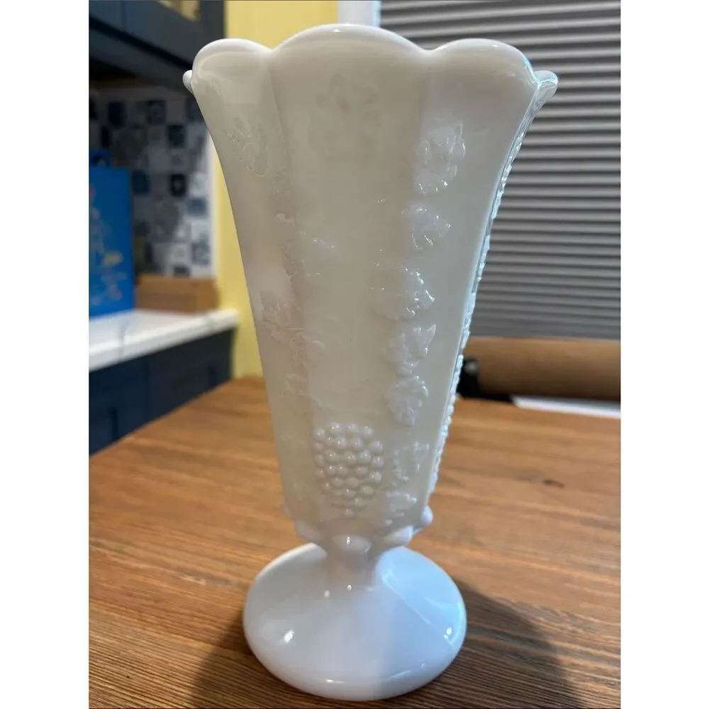 Westmoreland White Milk Glass Pedestal Vase with Grape and Floral Relief